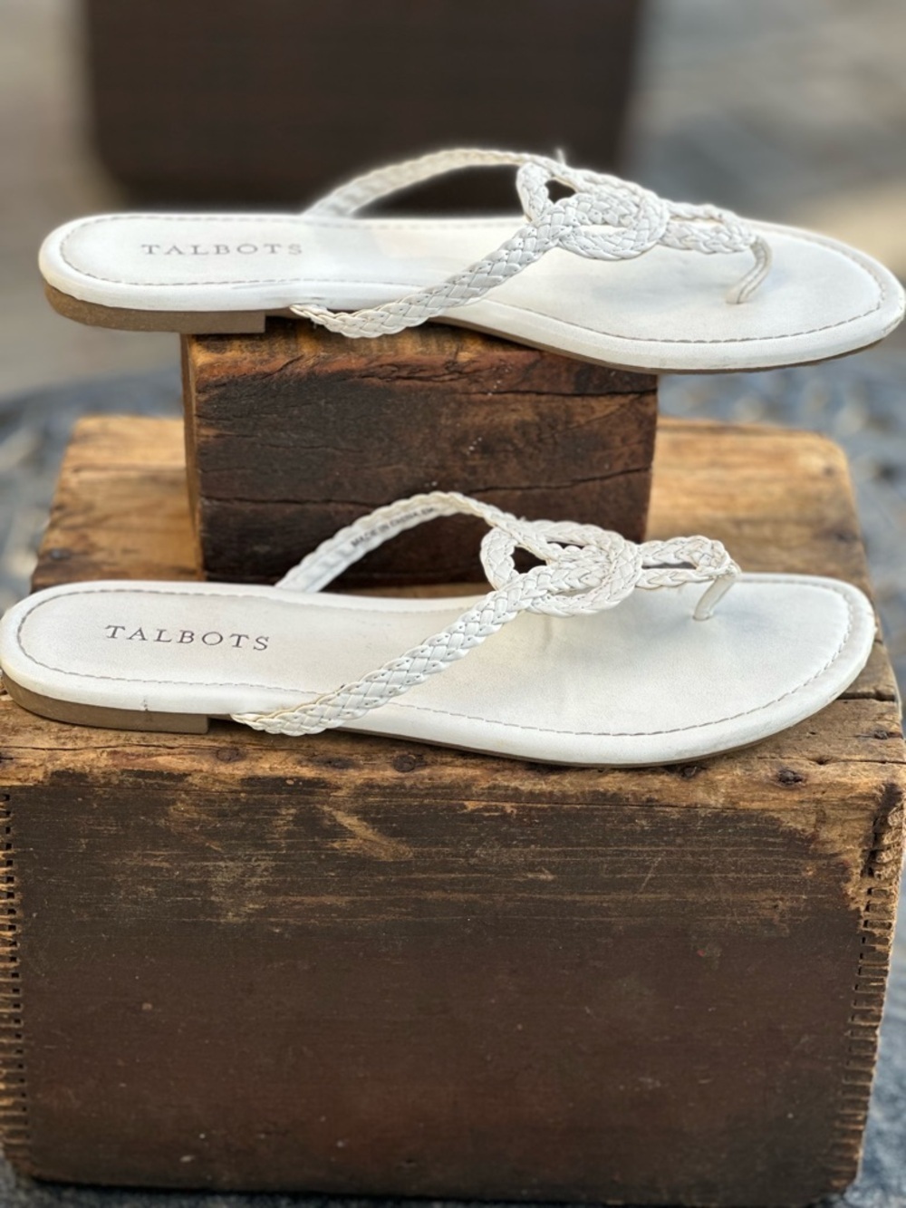 Talbots White Braided Medallion Faux Leather Thong Sandals - Picture 2 of 9
